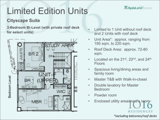 Limited Edition Units
Cityscape Suite
3-Bedroom Bi-Level (with private roof deck
                                             •   Limited to 1 Unit without roof deck
for select units)                                and 2 Units with roof deck
                                             •   Unit Area*: approx. ranging from
                                                 195 sqm. to 220 sqm.
                                             •   Roof Deck Area: approx. 72-80
                                                 sqm.
                                             •   Located on the 21st, 22nd, and 24th
                                                 Floors
                                             •   Spacious living/dining areas and
                                                 family room
Bedroom Level




                                             •   Master T&B with Walk-in-closet
                                             •   Double lavatory for Master
                                                 Bedroom
                                             •   Powder room
                                             •   Enclosed utility area/maid’s room


                                                             *excluding balconies/roof decks
 