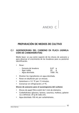 ANEXO C




           PREPARACIÓN	DE	MEDIOS	DE	CULTIVO

C.1	 AUXONOGRAMA	 DEL	 CARBONO	 EN	 PLACA	 (ASIMILA-
     CIÓN	DE	CARBOHIDRATOS)
       Medio base: se usa como soporte de los discos de azúcares y
       para observar el crecimiento de las levaduras para su posterior
       identificación.

       •      Pesar:
              • Extracto de levadura                0,67 g
              • Agar noble                          20   g
              • Agua destilada                      1000 mL

       •      Disolver los ingredientes en agua destilada.
       •      Poner en ebullición por un minuto.
       •      Autoclavar a 121 ºC por 15 minutos.
       •      Conservar en refrigeración a 4 ºC.
       Discos	de	azúcares	para	el	auxonograma	del	carbono
       •      Discos de papel filtro estéril de 5 mm de diámetro.
       •      Carbohidratos (glucosa, lactosa, sacarosa, maltosa, galacto-
              sa y rafinosa); 20 g de cada uno.
       •      Agua destilada 100 mL por carbohidratos.



                                                                       83
INS-CNSP-44
 