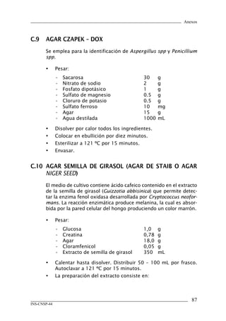 Anexos



C.9	 AGAR	CzAPEK	–	DOX
       Se emplea para la identificación de Aspergillus spp y Penicillium
       spp.

       •      Pesar:
              •   Sacarosa                           30     g
              •   Nitrato de sodio                   2      g
              •   Fosfato dipotásico                 1      g
              •   Sulfato de magnesio                0.5    g
              •   Cloruro de potasio                 0.5    g
              •   Sulfato ferroso                    10     mg
              •   Agar                               15     g
              •   Agua destilada                     1000   mL

       •      Disolver por calor todos los ingredientes.
       •      Colocar en ebullición por diez minutos.
       •      Esterilizar a 121 ºC por 15 minutos.
       •      Envasar.


C.10	 AGAR	 SEMILLA	 DE	 GIRASOL	 (AGAR	 DE	 STAIB	 O	 AGAR	
      NIGER SEED)
       El medio de cultivo contiene ácido cafeico contenido en el extracto
       de la semilla de girasol (Guizzotia abbisinica) que permite detec-
       tar la enzima fenol oxidasa desarrollada por Cryptococcus neofor-
       mans. La reacción enzimática produce melanina, la cual es absor-
       bida por la pared celular del hongo produciendo un color marrón.

       •      Pesar:
              •   Glucosa                            1,0    g
              •   Creatina                           0,78   g
              •   Agar                               18,0   g
              •   Cloramfenicol                      0,05   g
              •   Extracto de semilla de girasol     350    mL

       •      Calentar hasta disolver. Distribuir 50 – 100 mL por frasco.
              Autoclavar a 121 ºC por 15 minutos.
       •      La preparación del extracto consiste en:



                                                                       87
INS-CNSP-44
 