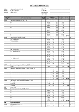 METRADO DE ARQUITECTURA

OBRA:     Construcción de vivienda                          HOJA N°:        ……………………………………………………………
PROP.:    Sr. Y Sra. Sánchez                                PLANO N°        ……………………………………………………………
FECHA:    27/07/2012                                        HECHO POR:      ……………………………………………………………
                                                            REVISADO:       ……………………………………………………………

 PARTIDA                                                     N° DE      MEDIDAS
                             ESPECIFICACIONES                                              PARCIAL    TOTAL      UND
     N°                                                      VECES LARGO ANCHO  ALTO
3.2.2    Tarrajeo columnas, 1:5, E=1.5 cm.                                                                     m2
         C-2                                                     3   0.45           2.73       3.69
                                                                     0.20           2.63       0.53
                                                                 2   0.60           2.63       3.16
          C-3                                                        0.60           2.63       1.58
                                                                 2   0.45           2.63       2.37
                                                                 2   0.15           2.73       0.82
                                                                     0.45           2.63       1.18
          C-1                                                    2   0.15           2.63       0.79
          C-4                                                        0.15           2.63       0.39    14.50
3.2.3     Tarrajeo vigas, 1:5, E=1.5 cm.                                                                       m2
          VP3 (0.30x0.30)                                        2   0.25    5.30              2.65
          VP (0.25x0.30)                                             0.10    3.17              0.32
                                                                     0.30    1.15              0.35
                                                                     0.10    3.87              0.39
                                                                     0.25    2.57              0.64
                                                                     0.10    1.00              0.10
          VP1 (0.25x0.30)                                            0.45    3.87              1.74
          VP1 (0.25x0.30) eje 5                                      0.30    1.75              0.53
                                                                     0.10    3.87              0.39
                                                                     0.10    2.27              0.23
                                                                     0.10    3.87              0.39
          VP2 (0.25x0.30)                                            0.30    1.75              0.53
                                                                     0.10    3.72              0.37
                                                                     0.10    2.27              0.23
                                                                     0.10    3.72              0.37     9.21
3.2.4     Tarrajeo con impermeabilizante, 1:5, E=1.5 cm.                                                       m2
          Jardín                                                     3.60           0.50       1.80     1.80
3.2.5     Vestidura de derrame, 1:5, E=1.5 cm., A=0.15 m.                                                      ml.
                                                                             1.00              1.00
                                                                             0.90   2.10       3.00
                                                                             0.70   2.10       2.80
                                                                             0.60   1.00       1.60
                                                                             0.90   2.10       3.00
                                                                             1.50   2.96       4.46    15.86
3.2.6     Tarrajeo en fondo de escalera, 1:5, E=1.5 cm.                                                        m2
          Tramo 1                                                    2.48    1.00              2.48
          Tramo 2                                                    2.24    1.00              2.24
          Tramo 3                                                    1.15    1.00              1.15     5.87
3.3       Cielorrasos
3.3.1     Cielorraso con mezcla, 1:5, E=1.5 cm.                                                                m2
          A-1                                                        8.87    1.00              8.87
          A-2                                                        9.05    0.85              7.69
                                                                     2.70    0.40              1.08
          A-3                                                        6.30    2.00             12.60
          A-4                                                        5.00    3.72             18.60
          A-5                                                        3.20    1.87              5.98
                                                                     1.70    0.25              0.43    55.25
3.4       Pisos y pavimentos
3.4.1     Contrapiso 40 mm., 1:5                                                                               m2
          Cocina                                                     3.45    1.87              6.45
 