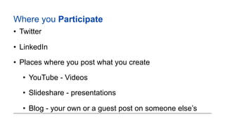 Where you Participate
• Twitter
• LinkedIn
• Places where you post what you create
• YouTube - Videos
• Slideshare - presentations
• Blog - your own or a guest post on someone else’s
 