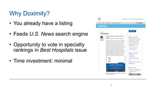 !46
Why Doximity?
• You already have a listing
• Feeds U.S. News search engine
• Opportunity to vote in specialty
rankings in Best Hospitals issue
• Time investment: minimal
 
