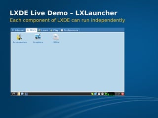 LXDE Live Demo – LXLauncher
Each component of LXDE can run independently
 