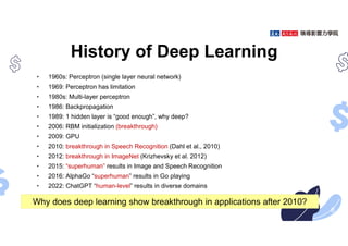 History of Deep Learning
• 1960s: Perceptron (single layer neural network)
• 1969: Perceptron has limitation
• 1980s: Multi-layer perceptron
• 1986: Backpropagation
• 1989: 1 hidden layer is “good enough”, why deep?
• 2006: RBM initialization (breakthrough)
• 2009: GPU
• 2010: breakthrough in Speech Recognition (Dahl et al., 2010)
• 2012: breakthrough in ImageNet (Krizhevsky et al. 2012)
• 2015: “superhuman” results in Image and Speech Recognition
• 2016: AlphaGo “superhuman” results in Go playing
• 2022: ChatGPT “human-level” results in diverse domains
6
Why does deep learning show breakthrough in applications after 2010?
 