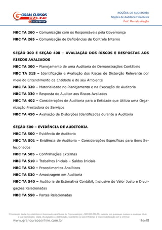 11 de 93
NOÇÕES DE AUDITORIA
Noções de Auditoria Financeira
Prof. Marcelo Aragão
www.grancursosonline.com.br
NBC TA 260 – Comunicação com os Responsáveis pela Governança
NBC TA 265 – Comunicação de Deficiências de Controle Interno
SEÇÃO 300 E SEÇÃO 400 – AVALIAÇÃO DOS RISCOS E RESPOSTAS AOS
RISCOS AVALIADOS
NBC TA 300 – Planejamento de uma Auditoria de Demonstrações Contábeis
NBC TA 315 – Identificação e Avaliação dos Riscos de Distorção Relevante por
meio do Entendimento da Entidade e do seu Ambiente
NBC TA 320 – Materialidade no Planejamento e na Execução de Auditoria
NBC TA 330 – Resposta do Auditor aos Riscos Avaliados
NBC TA 402 – Considerações de Auditoria para a Entidade que Utiliza uma Orga-
nização Prestadora de Serviços
NBC TA 450 – Avaliação de Distorções Identificadas durante a Auditoria
SEÇÃO 500 – EVIDÊNCIA DE AUDITORIA
NBC TA 500 – Evidência de Auditoria
NBC TA 501 – Evidência de Auditoria – Considerações Específicas para itens Se-
lecionados
NBC TA 505 – Confirmações Externas
NBC TA 510 – Trabalhos Iniciais – Saldos Iniciais
NBC TA 520 – Procedimentos Analíticos
NBC TA 530 – Amostragem em Auditoria
NBC TA 540 – Auditoria de Estimativa Contábil, Inclusive do Valor Justo e Divul-
gações Relacionadas
NBC TA 550 – Partes Relacionadas
O conteúdo deste livro eletrônico é licenciado para Nome do Concurseiro(a) - 000.000.000-00, vedada, por quaisquer meios e a qualquer título,
a sua reprodução, cópia, divulgação ou distribuição, sujeitando-se aos infratores à responsabilização civil e criminal.
 