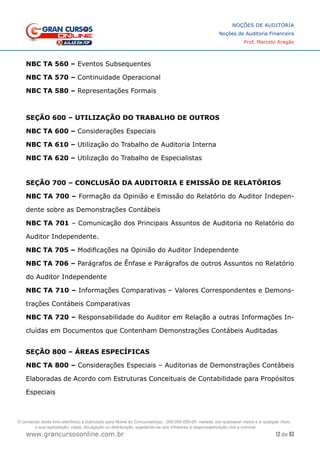 12 de 93
NOÇÕES DE AUDITORIA
Noções de Auditoria Financeira
Prof. Marcelo Aragão
www.grancursosonline.com.br
NBC TA 560 – Eventos Subsequentes
NBC TA 570 – Continuidade Operacional
NBC TA 580 – Representações Formais
SEÇÃO 600 – UTILIZAÇÃO DO TRABALHO DE OUTROS
NBC TA 600 – Considerações Especiais
NBC TA 610 – Utilização do Trabalho de Auditoria Interna
NBC TA 620 – Utilização do Trabalho de Especialistas
SEÇÃO 700 – CONCLUSÃO DA AUDITORIA E EMISSÃO DE RELATÓRIOS
NBC TA 700 – Formação da Opinião e Emissão do Relatório do Auditor Indepen-
dente sobre as Demonstrações Contábeis
NBC TA 701 – Comunicação dos Principais Assuntos de Auditoria no Relatório do
Auditor Independente.
NBC TA 705 – Modificações na Opinião do Auditor Independente
NBC TA 706 – Parágrafos de Ênfase e Parágrafos de outros Assuntos no Relatório
do Auditor Independente
NBC TA 710 – Informações Comparativas – Valores Correspondentes e Demons-
trações Contábeis Comparativas
NBC TA 720 – Responsabilidade do Auditor em Relação a outras Informações In-
cluídas em Documentos que Contenham Demonstrações Contábeis Auditadas
SEÇÃO 800 – ÁREAS ESPECÍFICAS
NBC TA 800 – Considerações Especiais – Auditorias de Demonstrações Contábeis
Elaboradas de Acordo com Estruturas Conceituais de Contabilidade para Propósitos
Especiais
O conteúdo deste livro eletrônico é licenciado para Nome do Concurseiro(a) - 000.000.000-00, vedada, por quaisquer meios e a qualquer título,
a sua reprodução, cópia, divulgação ou distribuição, sujeitando-se aos infratores à responsabilização civil e criminal.
 