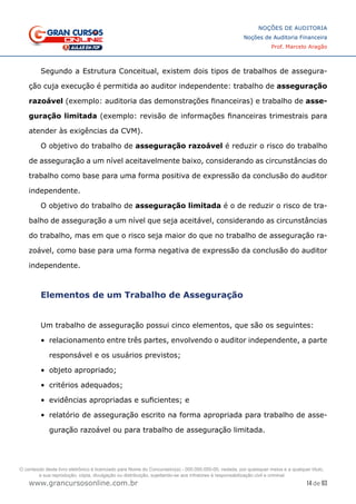 14 de 93
NOÇÕES DE AUDITORIA
Noções de Auditoria Financeira
Prof. Marcelo Aragão
www.grancursosonline.com.br
Segundo a Estrutura Conceitual, existem dois tipos de trabalhos de assegura-
ção cuja execução é permitida ao auditor independente: trabalho de asseguração
razoável (exemplo: auditoria das demonstrações financeiras) e trabalho de asse-
guração limitada (exemplo: revisão de informações financeiras trimestrais para
atender às exigências da CVM).
O objetivo do trabalho de asseguração razoável é reduzir o risco do trabalho
de asseguração a um nível aceitavelmente baixo, considerando as circunstâncias do
trabalho como base para uma forma positiva de expressão da conclusão do auditor
independente.
O objetivo do trabalho de asseguração limitada é o de reduzir o risco de tra-
balho de asseguração a um nível que seja aceitável, considerando as circunstâncias
do trabalho, mas em que o risco seja maior do que no trabalho de asseguração ra-
zoável, como base para uma forma negativa de expressão da conclusão do auditor
independente.
Elementos de um Trabalho de Asseguração
Um trabalho de asseguração possui cinco elementos, que são os seguintes:
•	 relacionamento entre três partes, envolvendo o auditor independente, a parte
responsável e os usuários previstos;
•	 objeto apropriado;
•	 critérios adequados;
•	 evidências apropriadas e suficientes; e
•	 relatório de asseguração escrito na forma apropriada para trabalho de asse-
guração razoável ou para trabalho de asseguração limitada.
O conteúdo deste livro eletrônico é licenciado para Nome do Concurseiro(a) - 000.000.000-00, vedada, por quaisquer meios e a qualquer título,
a sua reprodução, cópia, divulgação ou distribuição, sujeitando-se aos infratores à responsabilização civil e criminal.
 