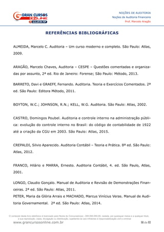 56 de 93
NOÇÕES DE AUDITORIA
Noções de Auditoria Financeira
Prof. Marcelo Aragão
www.grancursosonline.com.br
REFERÊNCIAS BIBLIOGRÁFICAS
ALMEIDA, Marcelo C. Auditoria – Um curso moderno e completo. São Paulo: Atlas,
2009.
ARAGÃO, Marcelo Chaves, Auditoria – CESPE – Questões comentadas e organiza-
das por assunto, 2ª ed. Rio de Janeiro: Forense; São Paulo: Método, 2013.
BARRETO, Davi e GRAEFF, Fernando. Auditoria. Teoria e Exercícios Comentados. 2ª
ed. São Paulo: Editora Método, 2011.
BOYTON, W.C.; JOHNSON, R.N.; KELL, W.G. Auditoria. São Paulo: Atlas, 2002.
CASTRO, Domingos Poubel. Auditoria e controle interno na administração públi-
ca: evolução do controle interno no Brasil: do código de contabilidade de 1922
até a criação da CGU em 2003. São Paulo: Atlas, 2015.
CREPALDI, Silvio Aparecido. Auditoria Contábil – Teoria e Prática. 8ª ed. São Paulo:
Atlas, 2012.
FRANCO, Hilário e MARRA, Ernesto. Auditoria Contábil, 4. ed. São Paulo, Atlas,
2001.
LONGO, Claudio Gonçalo. Manual de Auditoria e Revisão de Demonstrações Finan-
ceiras. 2ª ed. São Paulo: Atlas, 2011.
PETER, Maria da Glória Arrais e MACHADO, Marcus Vinícius Veras. Manual de Audi-
toria Governamental. 2ª ed. São Paulo: Atlas, 2014.
O conteúdo deste livro eletrônico é licenciado para Nome do Concurseiro(a) - 000.000.000-00, vedada, por quaisquer meios e a qualquer título,
a sua reprodução, cópia, divulgação ou distribuição, sujeitando-se aos infratores à responsabilização civil e criminal.
 