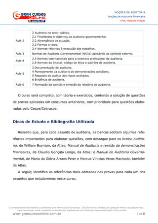 7 de 93
NOÇÕES DE AUDITORIA
Noções de Auditoria Financeira
Prof. Marcelo Aragão
www.grancursosonline.com.br
Aula 2
2 Auditoria no setor público.
2.1 Finalidades e objetivos da auditoria governamental.
2.2 Abrangência de atuação.
2.3 Formas e tipos.
2.4 Normas relativas à execução dos trabalhos.
Aula 3 Normas de Auditoria Governamental (NAGs) aplicáveis ao controle externo.
Aula 4
2.5 Normas internacionais para o exercício profissional da auditoria.
2.6 Normas da Intosai: código de ética e padrões de auditoria.
Aula 5
3 Documentação de auditoria.
4 Planejamento da auditoria de demonstrações contábeis.
5 Resposta do auditor aos riscos avaliados.
6 Evidência de auditoria.
Aula 6 7 Formação da opinião e emissão do relatório de auditoria.
O curso será completo, com teoria e exercícios, contendo a solução de questões
de provas aplicadas em concursos anteriores, com prioridade para questões elabo-
radas pelo Cespe/Cebraspe.
Dicas de Estudo e Bibliografia Utilizada
Ressalto que, para cada assunto de auditoria, as bancas adotam algumas refe-
rências importantes para elaborar questões, com destaque para os livros: Audito-
ria, de William Boynton, da Atlas; Manual de Auditoria e revisão de demonstrações
financeiras, de Claudio Gonçalo Longo, da Atlas; e Manual de Auditoria Governa-
mental, de Maria da Glória Arraes Peter e Marcus Vinicius Veras Machado, também
da Atlas.
A seguir, identifico as referências mais adotadas nas provas para cada um dos
assuntos que estudaremos neste curso.
O conteúdo deste livro eletrônico é licenciado para Nome do Concurseiro(a) - 000.000.000-00, vedada, por quaisquer meios e a qualquer título,
a sua reprodução, cópia, divulgação ou distribuição, sujeitando-se aos infratores à responsabilização civil e criminal.
 