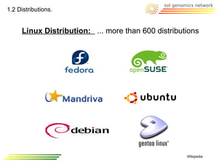 1.2 Distributions.


     Linux Distribution: ... more than 600 distributions




                                                    Wikipedia
 