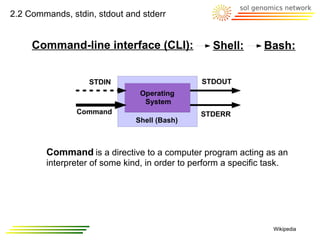 2.2 Commands, stdin, stdout and stderr


     Command-line interface (CLI):                  Shell:        Bash:


                   STDIN                         STDOUT
                                 Operating
                                  System
                Command                          STDERR
                               Shell (Bash)



        Command is a directive to a computer program acting as an
        interpreter of some kind, in order to perform a specific task.




                                                                    Wikipedia
 