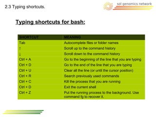 2.3 Typing shortcuts.


     Typing shortcuts for bash:

       SHORTCUT         MEANING
       Tab              Autocomplete files or folder names
       ↑                Scroll up to the command history
       ↓                Scroll down to the command history
       Ctrl + A         Go to the beginning of the line that you are typing
       Ctrl + D         Go to the end of the line that you are typing
       Ctrl + U         Clear all the line (or until the cursor position)
       Ctrl + R         Search previously used commands
       Ctrl + C         Kill the process that you are running
       Ctrl + D         Exit the current shell
       Ctrl + Z         Put the running process to the background. Use
                        command fg to recover it.
 