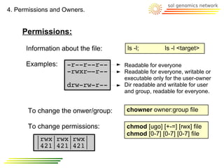 4. Permissions and Owners.


     Permissions:

      Information about the file:    ls -l;        ls -l <target>

      Examples:     -r--r--r--      Readable for everyone
                    -rwxr—-r--      Readable for everyone, writable or
                                    executable only for the user-owner
                    drw-rw-r--      Dir readable and writable for user
                                    and group, readable for everyone.


      To change the onwer/group:    chowner owner:group file

      To change permissions:        chmod [ugo] [+-=] [rwx] file
                                    chmod [0-7] [0-7] [0-7] file
         |rwx|rwx|rwx|
         |421|421|421|
 