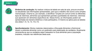 2025_AF_V1
Slide 6
Dinâmica de condução: Ao realizar a leitura da tabela em sala de aula, procure envolver
os estudantes nas informações apresentadas, para que o trabalho não ocorra como simples
memorização. Chame-os, por exemplo, a identificar: funções em comum entre os diferentes
tipos de vitaminas; alimentos que apresentam grandes quantidades de vitaminas; vitaminas
que aparecem em alimentos específicos etc. Dessa forma, as informações podem ser
apresentadas de maneira dinâmica e mais participativa. O mesmo se aplica para as tabelas
dos slides 7, 8, 12, 13, 14 e 15.
Aprofundamento: Muitos materiais relacionados a Educação Alimentar e Nutricional
trazem a pirâmide alimentar como um parâmetro para elaboração de cardápios. Atualmente
recomenda-se que os cardápios sejam baseados no Guia alimentar para a população
brasileira, indicado nas referências desta aula.
 