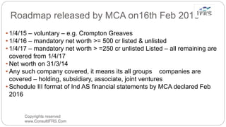 Roadmap released by MCA on16th Feb 2015
• 1/4/15 – voluntary – e.g. Crompton Greaves
• 1/4/16 – mandatory net worth >= 500 cr listed & unlisted
• 1/4/17 – mandatory net worth > =250 cr unlisted Listed – all remaining are
covered from 1/4/17
• Net worth on 31/3/14
• Any such company covered, it means its all groups companies are
covered – holding, subsidiary, associate, joint ventures
• Schedule III format of Ind AS financial statements by MCA declared Feb
2016
Copyrights reserved
www.ConsultIFRS.Com
 