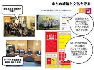 地域を支える経済が
可視化
ライバルが連携する
業種を超えた連携
まちの経済と文化を守る
岡山市内170以
上の店舗の
アンケートを基に
有志のお店が市
に提案して市の
公式に
応援団がイベ
ントや出版、T
シャツ作成な
どそれぞれの
強みで応援
 