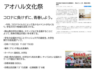 アオハル文化祭
コロナに負けずに、青春しよう。
・今年、コロナウイルスによって色々なイベントがなくな
り、学生の力で地域を活気づける。
・岡山県の学生が屋台、ステージなどを企画することに
よって、将来の岡山の担い手を育てる。
・学生の企画をすることでハッシュタグの高校生、大学生
間での知名度アップ。
・日時：11月23日 11:00~19:00
・場所：ブランチ岡山北長瀬内
・ターゲット：高校生、大学生
・内容：県内の高校生、大学生から有志を募り、やってみたい企画をス
テージや屋台で実行する。
・目標来客数：800人
・目標出店店舗：13~15店舗 ・出演組数：５~６組
 