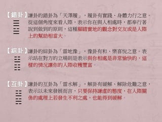 謙卦的錯卦為「天澤履」，履卦有實踐、身體力行之意。 
從這個角度來看人際，表示你在與人相處時，都奉行著 
說到做到的原則，這種腳踏實地的觀念對交友或是人際 
上的幫助相當大。 
謙卦的綜卦為「雷地豫」，豫卦有和、樂喜悅之意。表 
示站在對方的立場則是表示與你相處是非常愉快的，這 
樣的情況讓你的人際收穫豐富。 
謙卦的互卦為「雷水解」，解卦有緩解、解除危難之意， 
表示以未來發展而言，只要保持謙虛的態度，在人際關 
係的處理上若發生不利之處，也能得到緩解。 
☰ 
☱ 
☳ 
☷ 
☳ 
☵ 
 