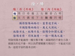 118 
陽：外《外放》陰：內《內斂》 
陽男日奇進上左腑背凸明 
陰女月偶退下右臟腹凹暗 
識得陰陽兩路行，富貴達京城。 
不識陰陽兩路行，萬丈火深坑。 
孤陰不生，孤陽不長，陰陽合和謂之道。 
陰陽有情，同性無情，一陰一陽為之道。 
有陰有陽才能維持一種生態平衡，兩個男的不會生小孩， 
兩個女的也不會。所以我們要順應天理而行，不能逆天而 
為。這是宇宙的基本法則。 
 