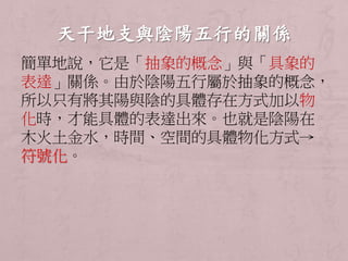 簡單地說，它是「抽象的概念」與「具象的 
表達」關係。由於陰陽五行屬於抽象的概念， 
所以只有將其陽與陰的具體存在方式加以物 
化時，才能具體的表達出來。也就是陰陽在 
木火土金水，時間、空間的具體物化方式→ 
符號化。 
 