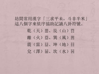 坊間常用漢字「三求平未，斗非半米」 
這八個字來依序協助記誦八卦符號。 
乾（天）☰、艮（山）☶ 
離（火）☲、巽（風）☴ 
震（雷）☳、坤（地）☷ 
兌（澤）☱、坎（水）☵ 
 