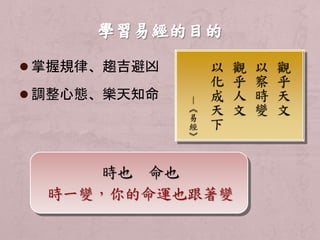  掌握規律、趨吉避凶 
 調整心態、樂天知命 
觀 
乎 
天文 
以察時變 
觀 
乎 
人文 
以 
化 
成天 
下 
—《易經》 
時也命也 
時一變，你的命運也跟著變 
 