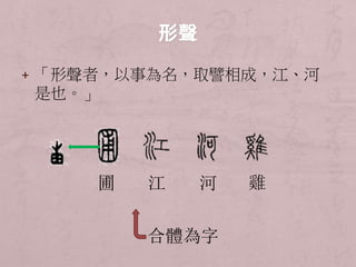 + 「形聲者，以事為名，取譬相成，江、河 
是也。」 
圃江河雞 
合體為字 
 