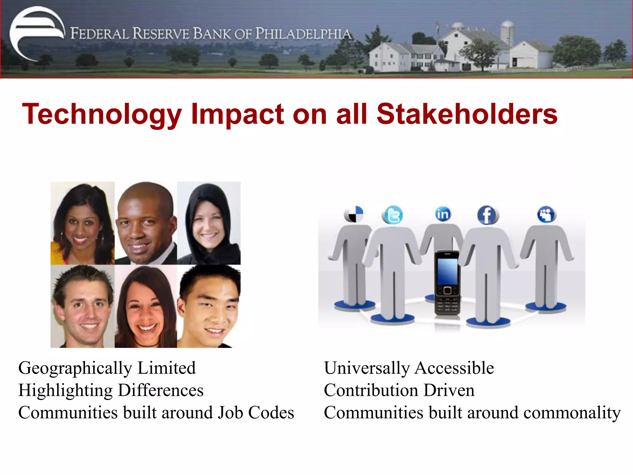 Technology Impact on all Stakeholders




Geographically Limited               Universally Accessible
Highlighting Differences             Contribution Driven
Communities built around Job Codes   Communities built around commonality
 