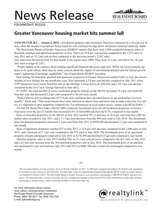 News Release
FOR IMMEDIATE RELEASE

Greater Vancouver housing market hits summer lull
VANCOUVER, B.C. – August 2, 2012 – Residential property sales in Greater Vancouver remained at a 10-year low in
July, while the number of properties being listed for sale continued to edge down and prices remained relatively stable.
  The Real Estate Board of Greater Vancouver (REBGV) reports that there were 2,098 residential property sales of
detached, attached and apartment properties in July. That’s an 18.4 per cent decline compared to the 2,571 sales in
July 2011 and an 11.2 per cent decline compared to the previous month’s 2,362 sales.
July sales were the lowest total for that month in the region since 2000. They were 31.2 per cent below the 10-year
July sales average of 3,051.
  “People appear to be cautious about making significant financial decisions right now. While our local economy ap-
pears to be quite robust, there may be some concern about the impact of international markets and the federal govern-
ment’s tightening of mortgage regulations,” says Eugen Klein, REBGV president.
  New listings for detached, attached and apartment properties in Greater Vancouver totalled 4,802 in July, the lowest
number of new listings for any month this year. This represents a 5.8 per cent decline compared to July 2011 when
5,097 properties were newly listed for sale on the Multiple Listing Service® (MLS®) and a 14.5 per cent decline
compared to the 5,617 new listings reported in June 2012.
  At 18,081, the total number of active residential property listings on the MLS® increased 18.8 per cent from this
time last year and decreased 2.2 per cent compared to the previous month.
  “With a sales-to-actives-listing ratio of 11.6 per cent, conditions have favoured buyers in our marketplace in recent
months,” Klein said. “That means buyers have more selection to choose from and more time to make a decision. For sell-
ers, it’s important to price properties competitively. For information on local market prices, contact your REALTOR®.”
  The MLS® Home Price Index (MLS® HPI) composite benchmark price for all residential properties in Greater
Vancouver over the last 12 months has increased 0.6% to $616,000 and declined 0.7% compared to last month.
  Sales of detached properties on the MLS® in July 2012 reached 787, a decrease of 28.4 per cent from the 1,099 de-
tached sales recorded in July 2011, and a 13.3 per cent decrease from the 908 units sold in July 2010. The benchmark
price for detached properties increased 1.4 per cent from July 2011 to $950,200 and declined 1.2 per cent compared to
last month.
  Sales of apartment properties reached 927 in July 2012, a 10.9 per cent decrease compared to the 1,040 sales in July
2011, and a decrease of 5.3 per cent compared to the 979 sales in July 2010. The benchmark price of an apartment
property remains unchanged compared to July 2011 at $374,300 and declined 0.5 per cent compared to last month.
  Attached property sales in July 2012 totalled 384, an 11.1 per cent decrease compared to the 432 sales in July 2011,
and a 4.3 per cent increase from the 368 attached properties sold in July 2010. The benchmark price of an attached
unit decreased 0.5 per cent between July 2011 and 2012 to $468,700 and is relatively unchanged compared to last
month.



                                                                           -30-

    The real estate industry is a key economic driver in British Columbia. In 2011, 32,390 homes changed ownership in the Board’s area, generating
    $1.36 billion in spin-off activity and 9,069 jobs. The total dollar value of residential sales transacted through the MLS® system in Greater Vancou-
    ver totalled $25 billion in 2011. The Real Estate Board of Greater Vancouver is an association representing 11,000 REALTORS® and their com-
    panies. The Board provides a variety of member services, including the Multiple Listing Service®.For more information on real estate, statistics,
    and buying or selling a home, contact a local REALTOR® or visit www.rebgv.org.


For more information please contact:
Jesse Lalime, Communications Coordinator
Real Estate Board of Greater Vancouver
Phone: (604) 730-3077 Fax: (604) 730-3102
E-mail: jlalime@rebgv.org                                                                            also available at  www.realtylink.org
 