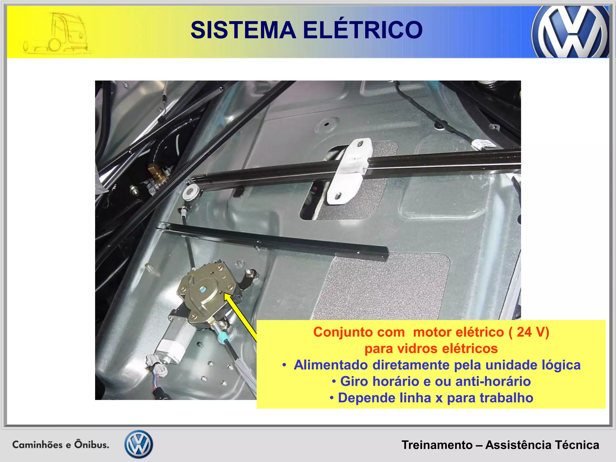 Treinamento – Assistência Técnica 
SISTEMA ELÉTRICO 
Conjunto com motor elétrico ( 24 V) para vidros elétricos 
• Alimentado diretamente pela unidade lógica 
• Giro horário e ou anti-horário 
• Depende linha x para trabalho  