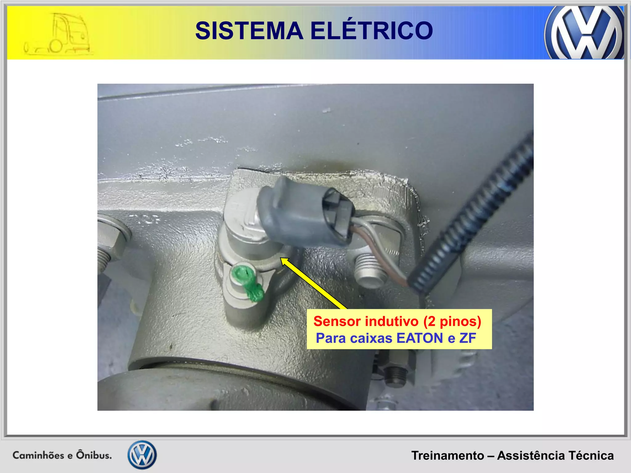 Treinamento – Assistência Técnica 
SISTEMA ELÉTRICO 
Sensor indutivo (2 pinos) 
Para caixas EATON e ZF  