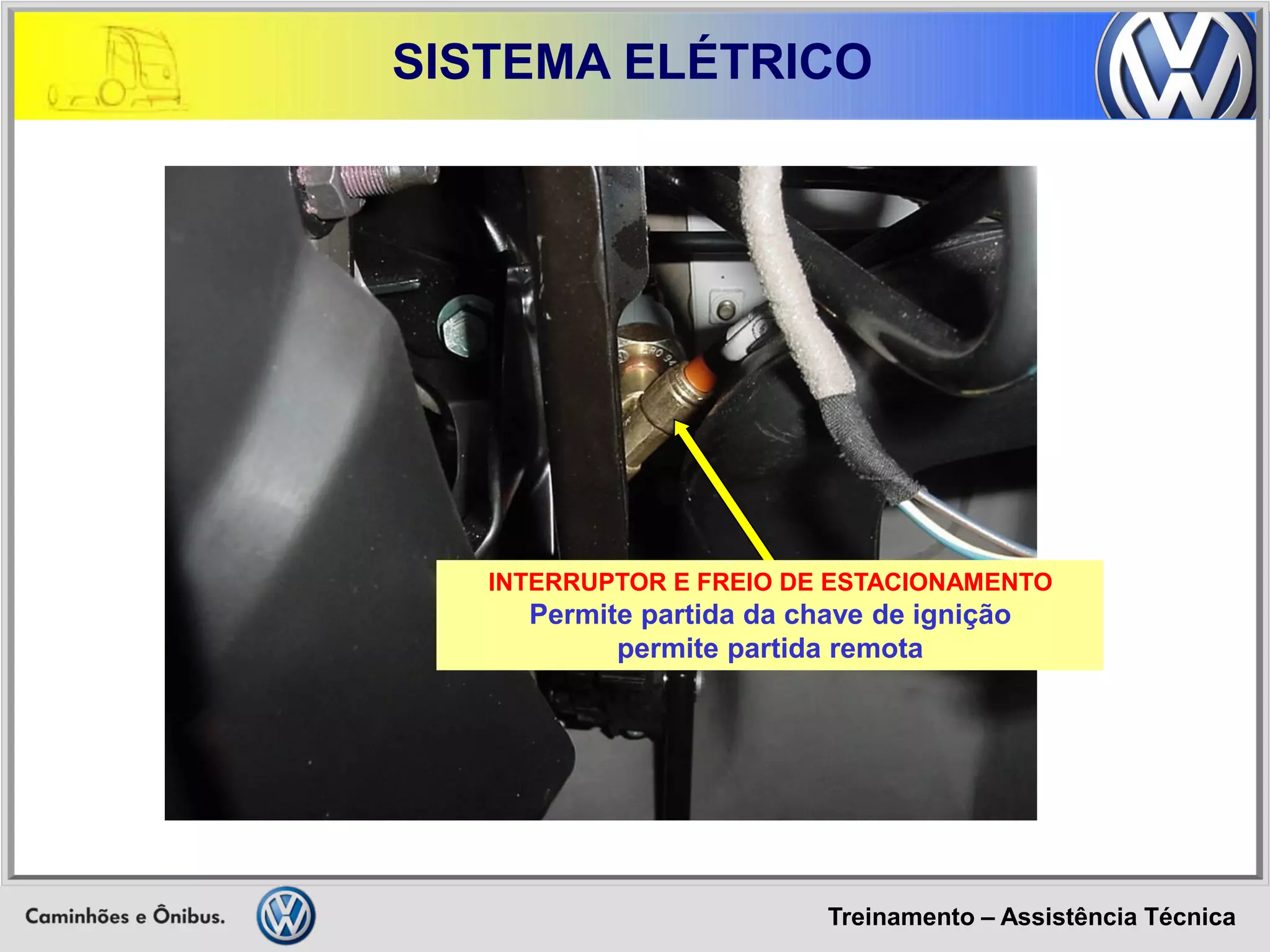 Treinamento – Assistência Técnica 
SISTEMA ELÉTRICO 
INTERRUPTOR E FREIO DE ESTACIONAMENTO 
Permite partida da chave de ignição 
permite partida remota  