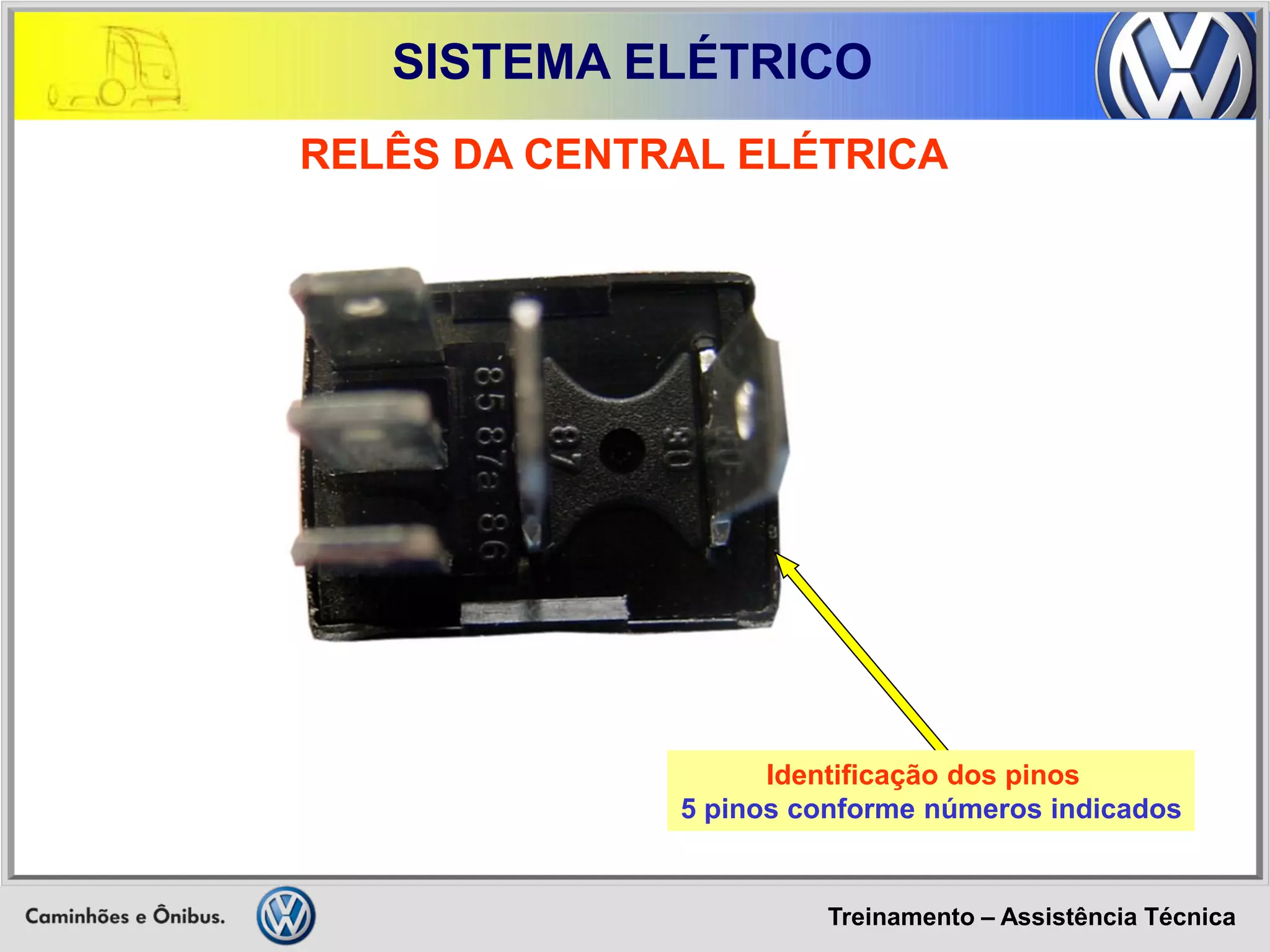 Treinamento – Assistência Técnica 
SISTEMA ELÉTRICO 
RELÊS DA CENTRAL ELÉTRICA 
Identificação dos pinos 
5 pinos conforme números indicados  