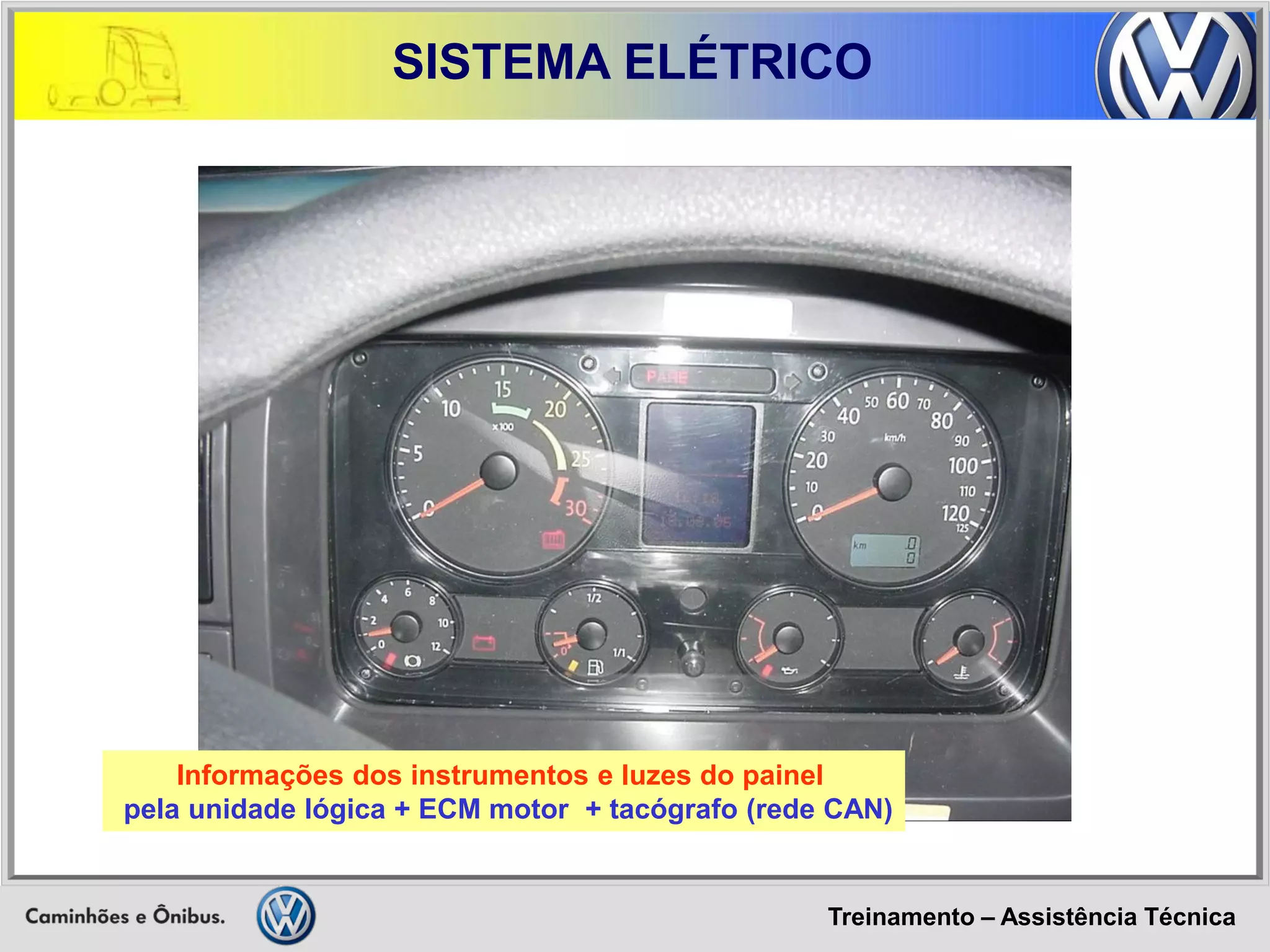 Treinamento – Assistência Técnica 
SISTEMA ELÉTRICO 
Informações dos instrumentos e luzes do painel 
pela unidade lógica + ECM motor + tacógrafo (rede CAN)  