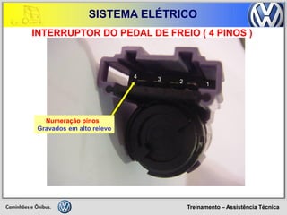 Treinamento – Assistência Técnica 
SISTEMA ELÉTRICO 
4 
3 
2 
1 
INTERRUPTOR DO PEDAL DE FREIO ( 4 PINOS ) 
Numeração pinos 
Gravados em alto relevo  