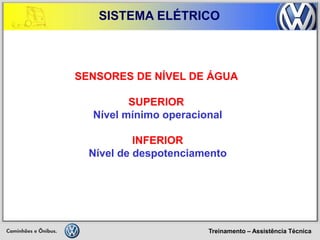 Treinamento – Assistência Técnica 
SISTEMA ELÉTRICO 
SENSORES DE NÍVEL DE ÁGUA 
SUPERIOR 
Nível mínimo operacional 
INFERIOR 
Nível de despotenciamento 
 