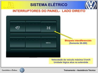 Treinamento – Assistência Técnica 
SISTEMA ELÉTRICO 
INTERRUPTORES DO PAINEL- LADO DIREITO 
Velocidade do veículo máxima 5 km/h 
Unidade lógica atua na solenóide 
Bloqueio interdiferenciais (Somente 26-260)  