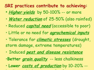 SRI practices contribute to achieving:  <ul><li>Higher   yields   by 50-100% -- or more </li></ul><ul><li>Water reduction ...