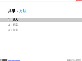 共感：方法
１：没入
２：観察
３：従事

https:// designthinking.or.jp  

   

 

一般社団法人デザイン思考研究所

 