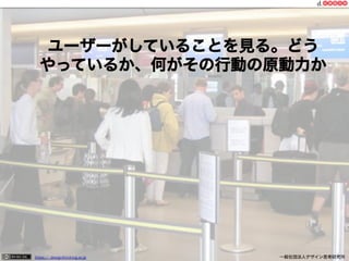 ユーザーがしていることを見る。どう
やっているか、何がその行動の原動力か

105
https:// designthinking.or.jp  

   

 

一般社団法人デザイン思考研究所

 