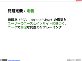 問題定義：定義
着眼点（POV：point of view）の構築と,
ユーザーのニーズとインサイトに基づく、
ニークで簡潔な問題のリフレーミング

https:// designthinking.or.jp  

   

 

一般社団法人デザイン思考研究所

 