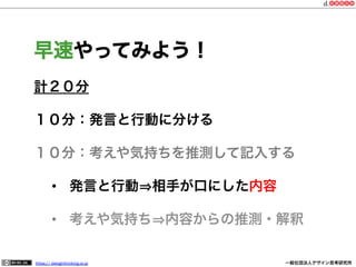 早速やってみよう！
計２０分
１０分：発言と行動に分ける
１０分：考えや気持ちを推測して記入する
•  発言と行動 相手が口にした内容
•  考えや気持ち 内容からの推測・解釈
https:// designthinking.or.jp  

   

 

一般社団法人デザイン思考研究所

 