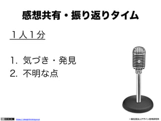 感想共有・振り返りタイム
１人１分
1.  気づき・発見
2.  不明な点

https:// designthinking.or.jp  

   

 

一般社団法人デザイン思考研究所

 