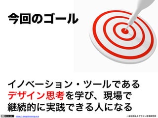 今回のゴール

イノベーション・ツールである
デザイン思考を学び、現場で
継続的に実践できる人になる
https:// designthinking.or.jp  

   

 

一般社団法人デザイン思考研究所

 