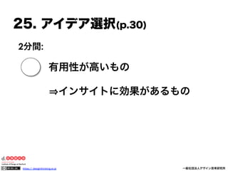 25. アイデア選択(p.30)
2分間:

有用性が高いもの
インサイトに効果があるもの

https:// designthinking.or.jp  

   

 

一般社団法人デザイン思考研究所

 
