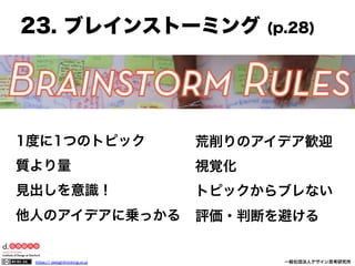 23. ブレインストーミング

(p.28)

1度に1つのトピック

荒削りのアイデア歓迎

質より量

視覚化

見出しを意識！

トピックからブレない

他人のアイデアに乗っかる

評価・判断を避ける

https:// designthinking.or.jp  

   

 

一般社団法人デザイン思考研究所

 