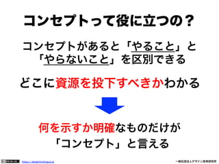 コンセプトって役に立つの？
コンセプトがあると「やること」と
「やらないこと」を区別できる

どこに資源を投下すべきかわかる

何を示すか明確なものだけが
「コンセプト」と言える
https:// designthinking.or.jp  

   

 

一般社団法人デザイン思考研究所

 