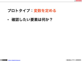 プロトタイプ：変数を定める
•  確認したい要素は何か？

https:// designthinking.or.jp  

   

 

一般社団法人デザイン思考研究所

 