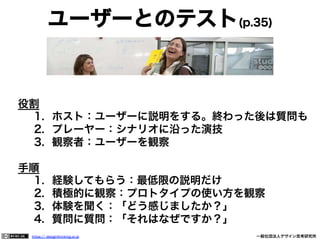 ユーザーとのテスト(p.35)

役割
1.  ホスト：ユーザーに説明をする。終わった後は質問も
2.  プレーヤー：シナリオに沿った演技
3.  観察者：ユーザーを観察
手順
1. 
2. 
3. 
4. 

経験してもらう：最低限の説明だけ
積極的に観察：プロトタイプの使い方を観察
体験を聞く：「どう感じましたか？」
質問に質問：「それはなぜですか？」

https:// designthinking.or.jp  

   

 

一般社団法人デザイン思考研究所

 