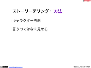 ストーリーテリング： 方法
キャラクター志向
言うのではなく見せる

https:// designthinking.or.jp  

   

 

一般社団法人デザイン思考研究所

 